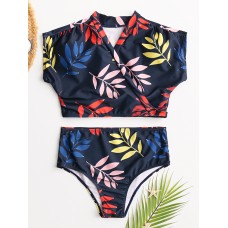 Women Tropical Leaves Print Swimsuit String Short Sleeve High Waist Bikini