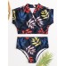 Women Tropical Leaves Print Swimsuit String Short Sleeve High Waist Bikini