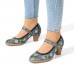  Genuine Leather Retro Embroidery Floral Comfy Mary Jane Heels