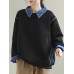 Contrast Denim Patchwork Long Sleeve Lapel Loose Sweatshirt