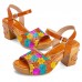  Leather Colorful Flowers Splicing Comfy Casual Rivet Retro Buckle High Heel Sandals