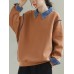 Contrast Denim Patchwork Long Sleeve Lapel Loose Sweatshirt