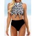 Women Leopard Print Tie Front High Neck Hot High Waist Bikini