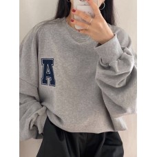 Women Printed Solid Letter Narrow Cuffs Long Sleeve Pullover Sweatshirt