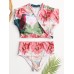 Women Tropical Leaves Print Swimsuit String Short Sleeve High Waist Bikini